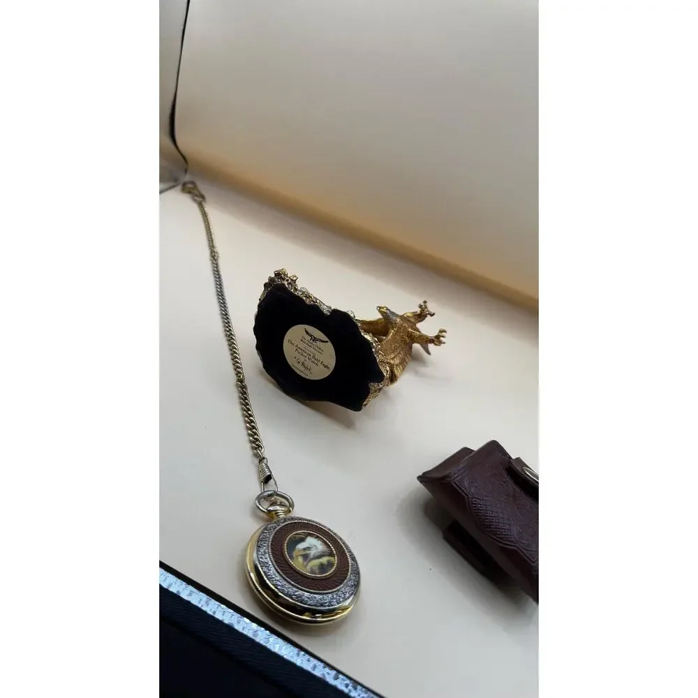 VTG Franklin Mint Bald Eagle Pocket Watch by Ted Blaylock Stand, Chain & Pouch